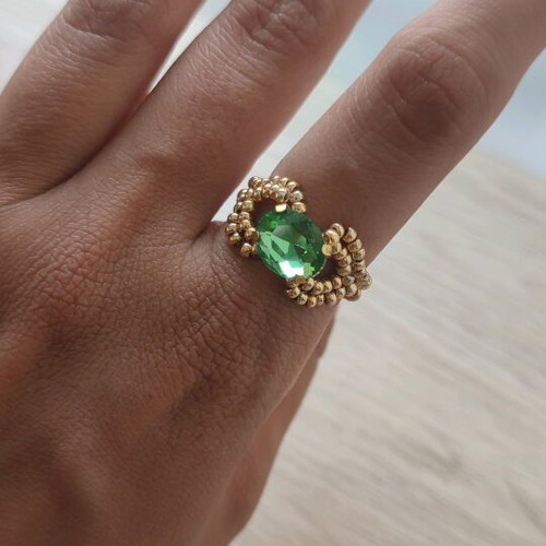 Handmade ring new with golden beads and green centerpiece, size 17
