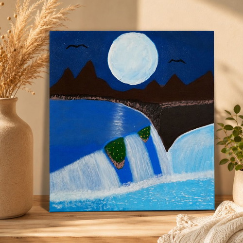 Handmade Acrylic Painting with Full Moon and Waterfall on Canvas