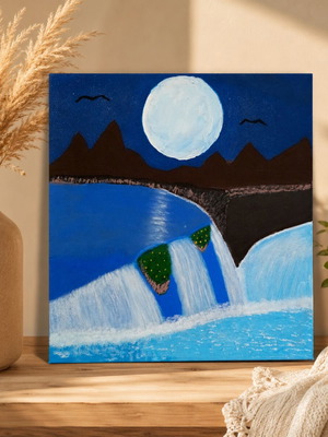 Handmade Acrylic Painting with Full Moon and Waterfall on Canvas