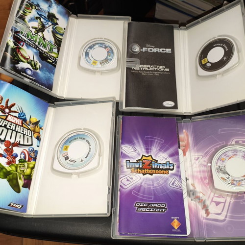 PSP games used including Invizimals, Marvel Super Hero Squad, G-Force, TMNT