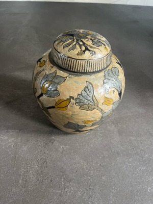 Vintage brass ginger jar with cream enamel and hand-painted motifs like new