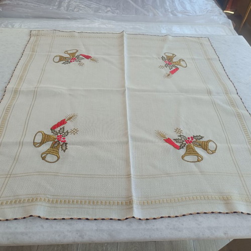 Christmas embroidered tablecloth used, 73×69 cm, vintage fabric
