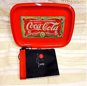 Δίσκος μεταλλικός vintage και τσαντάκι coca cola σετ