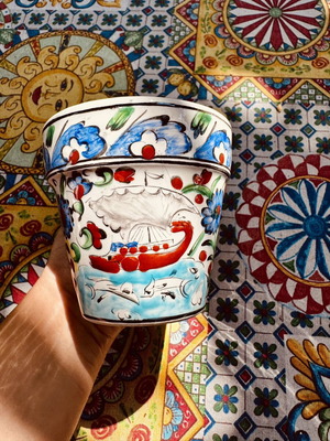 Handmade ceramic flowerpot Ikarios, vintage collectible