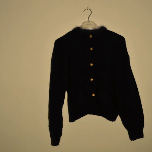 Blue wool cardigan like new with rhombus pattern and gold buttons