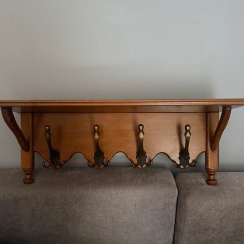Wooden hanger like new with 4 hooks and shelf
