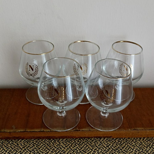Vintage balloon cognac glasses set of 5 used with gold rim and monogram N