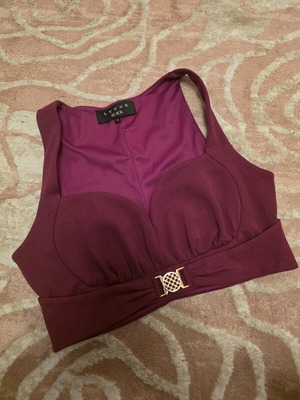 Lynne crop blouse new, purple with gold buckle and chest lining
