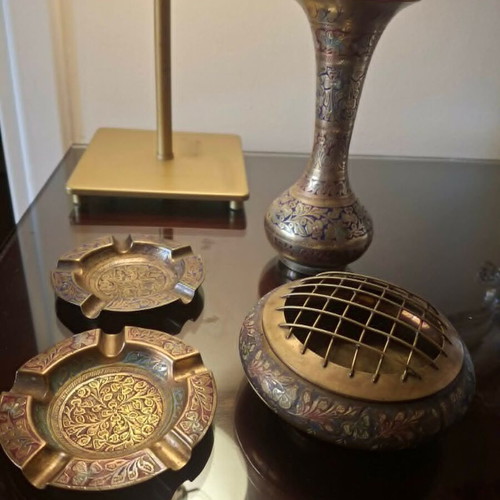 Antique bronze set of 4 embossed enamel pieces