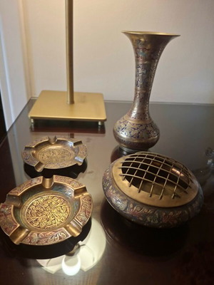 Antique bronze set of 4 embossed enamel pieces