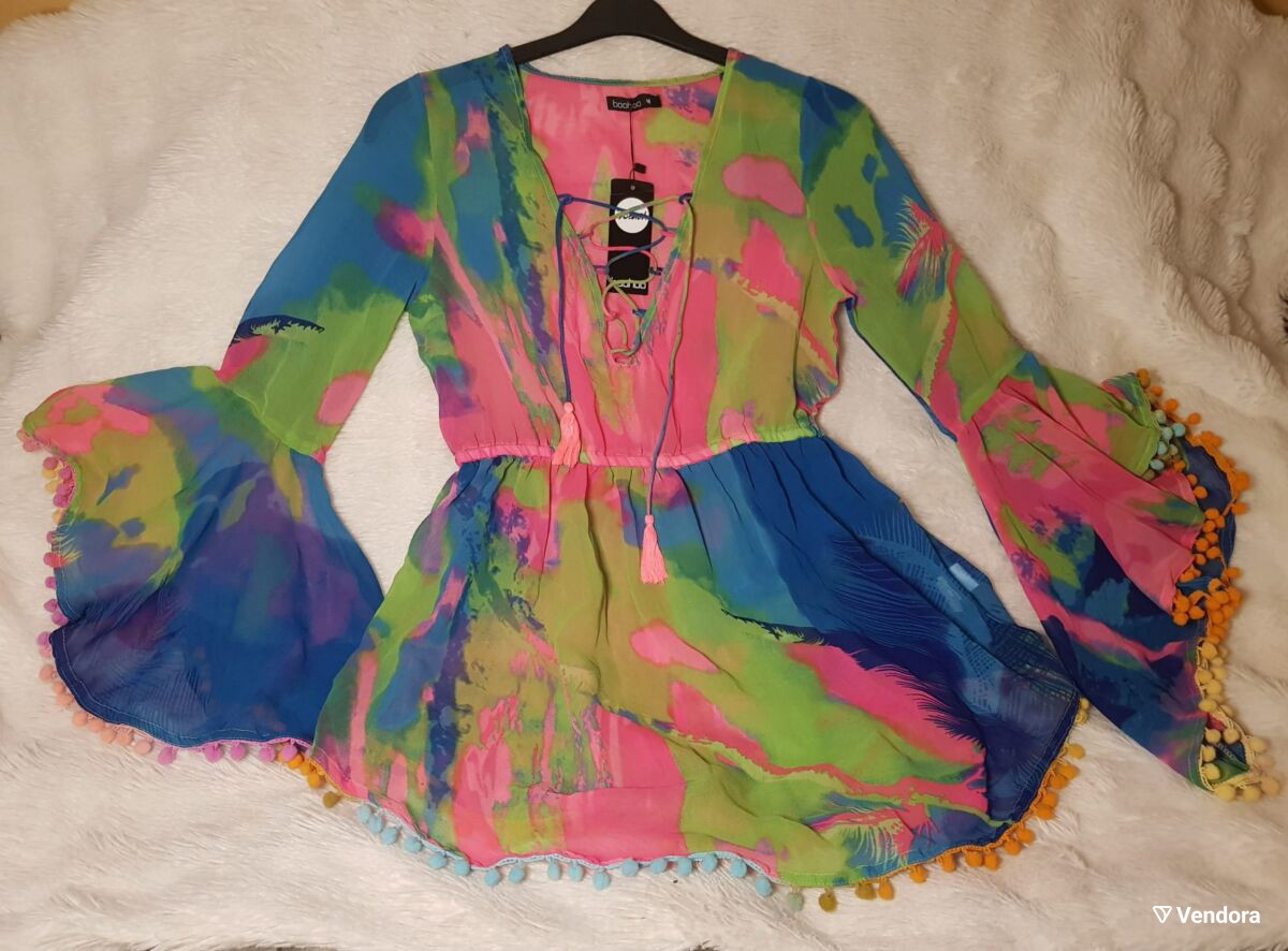 Multi Neon Tropical Pom Pom Beach Dress -  10,00 - Vendora.cy