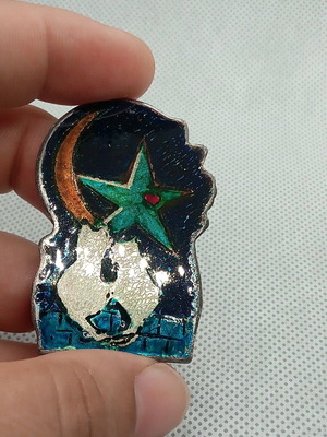 Handmade pin in white metal with engraving and cold enamel, two cats moonlight theme