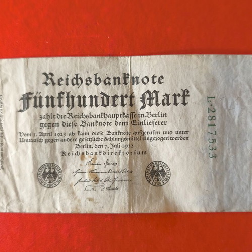 Reichsbanknote 500 Mark 1922 used German banknote