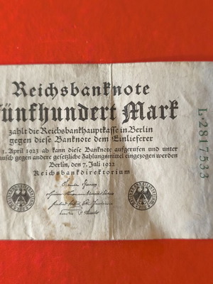 Reichsbanknote 500 Mark 1922 used German banknote