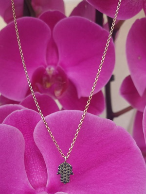 Silver necklace 925 Hamsa with black cubic zirconia pendant like new