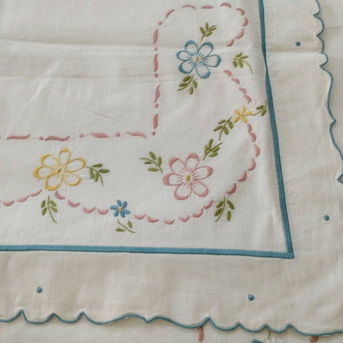 Handmade Double Bed Sheet Set with Pillowcases, Floral Embroidery, Like New