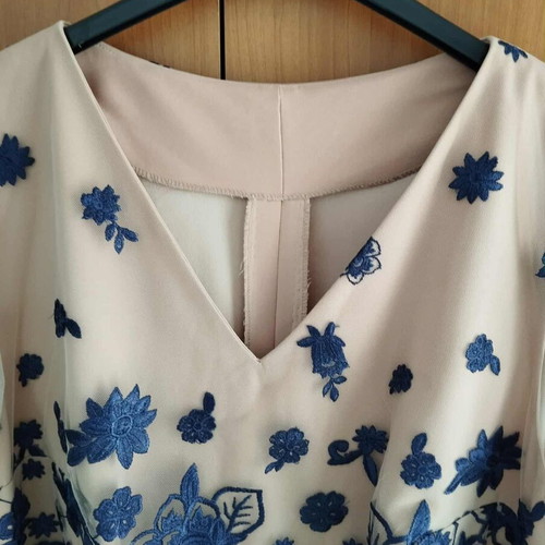 Handmade beige dress with blue embroidery and tulle, size XL