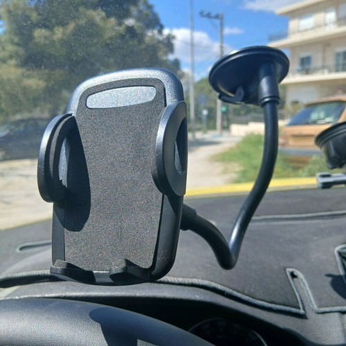 Mobile phone holder with flexible arm and clip for windshield or dashboard