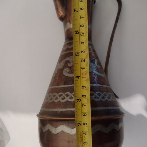 Copper Greek handmade carved jug and flower jardiniere used