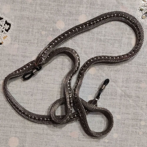 Vintage metal glasses chain used, silver with mesh texture and beads