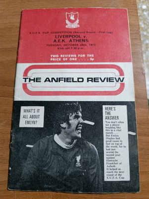Official programme Liverpool vs AEK Athens 24/10/1972 used