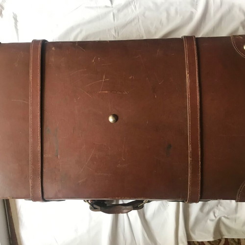 Antique leather suitcase used, handmade, early 20th century