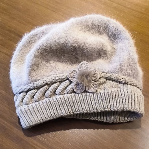 Knitted beret angora style with decorative flower, like new, beige gray