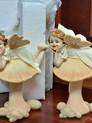 Set of 3 decorative fairies on mushrooms, earthy tones