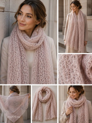 Silk mohair scarf, hand-knitted, airy and warm, 65x175 cm, rose ash with sage