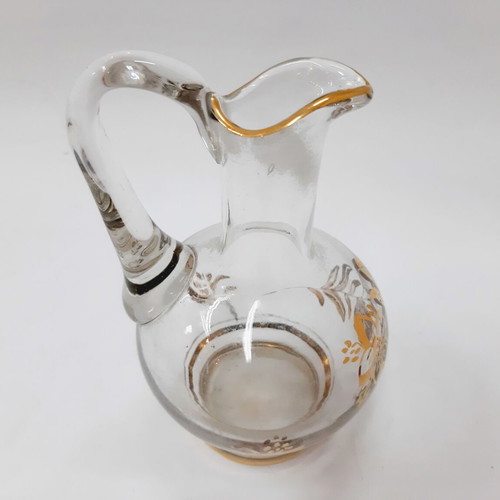Vintage glass jug with golden floral motif, like new, 1960s