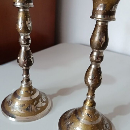 Vintage brass candlesticks with enamel details like new