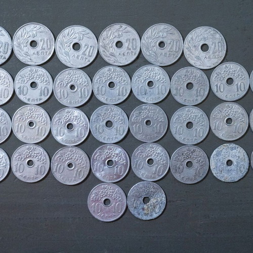 Coins 20 and 10 lepta used, pack of 32 with holes