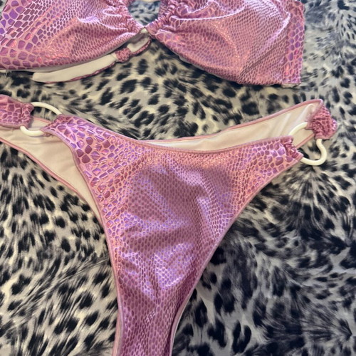 Pink iridescent women's bikini strapless bandeau top and Brasil slip, like new