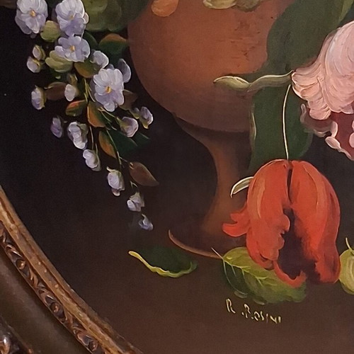R. Rosini Large Collectible Italian Oil Painting on Wood with Flowers like new