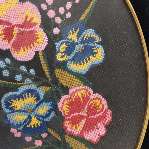 Vintage handmade tapestry used with wooden frame and glass
