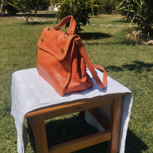 Car Shoe leather shoulder bag used, vintage patina, orange and gold