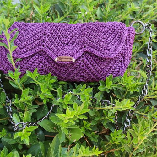 Knitted handmade shoulder bag purple made to order