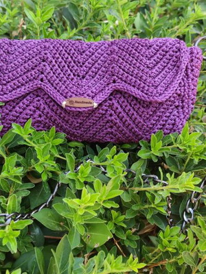 Knitted handmade shoulder bag purple made to order