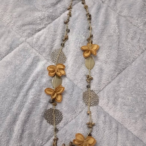Handmade long necklace with stones and fabric decorations, new