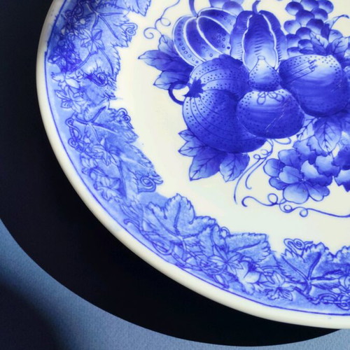 Faience platter used, large 32 cm plate with blue pumpkin design