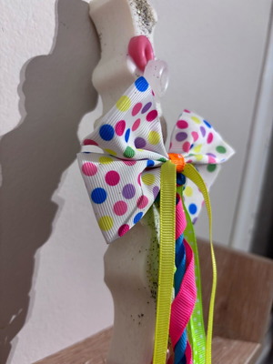 Handmade candle with glitter pom poms and ribbons new