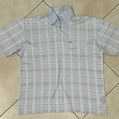 Bogner Polo Shirt, Light Blue Check, Chest Pocket, Vintage Style, Size M