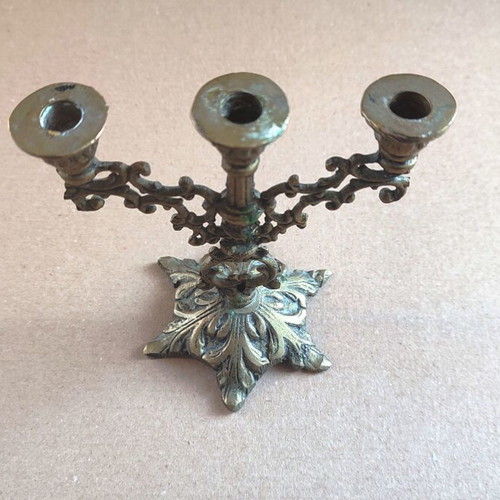Vintage brass three-arm table candlestick used with neobaroque decoration 1950s