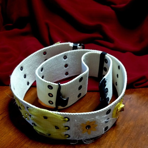 Wide adjustable white women's belt 105cm with handmade vintage decoration