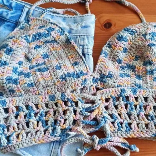Handmade Crochet Halter Top, multicolor cotton, Medium