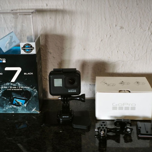 GoPro HERO 7 Black used with extra battery, dual charger, Lowepro case and accessories