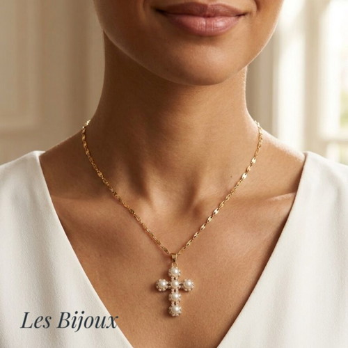 Gold Cross Necklace with Pearls Stainless Steel New