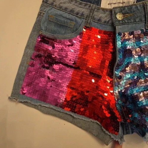 Silvian Heach Sequin Denim Shorts like new, W25, colorful festival style