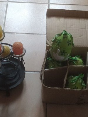 Decorative candles and eggs new with kitchen basket