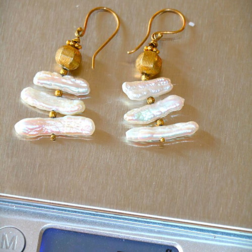 Gold Earrings Raw Pearls with 22K Gold Plated Clasp New